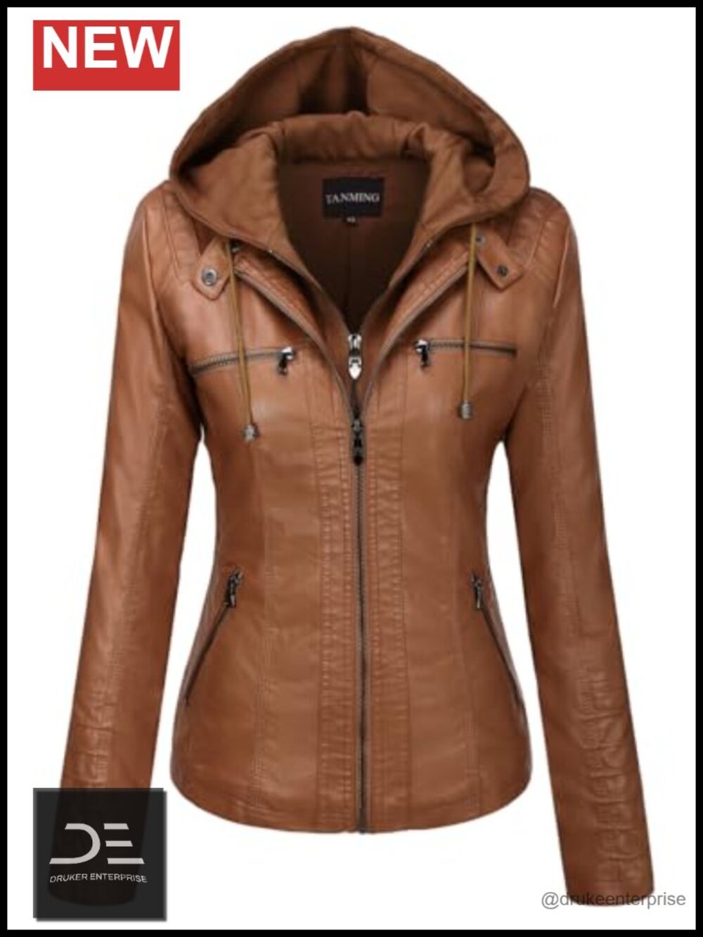 Faux Leather Jacket Women Hooded Moto Biker Coat Detachable Hood Vegan PU
